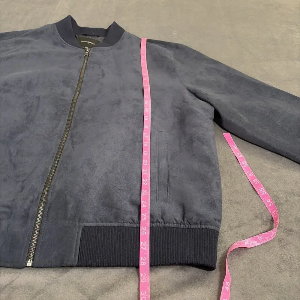 Banana Republic Men's Navy Blue Suede Bomber Jacket Lined Zip Band Collar XXL FS